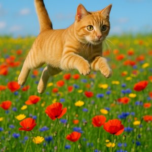 Cat jumping in a field of flowers