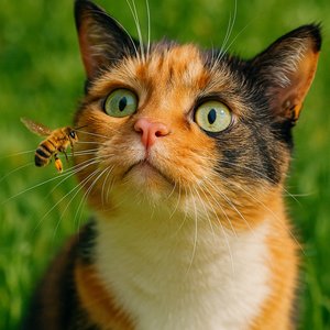 Cat smelling a bee